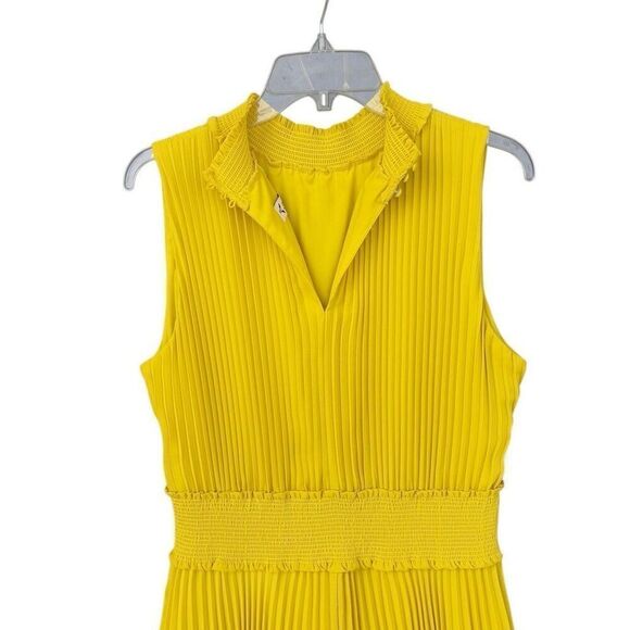 Nanette Lepore Smocked Neck Flattery MIDI Dress Pleated Mock Yellow Size 14 - Picture 7 of 10